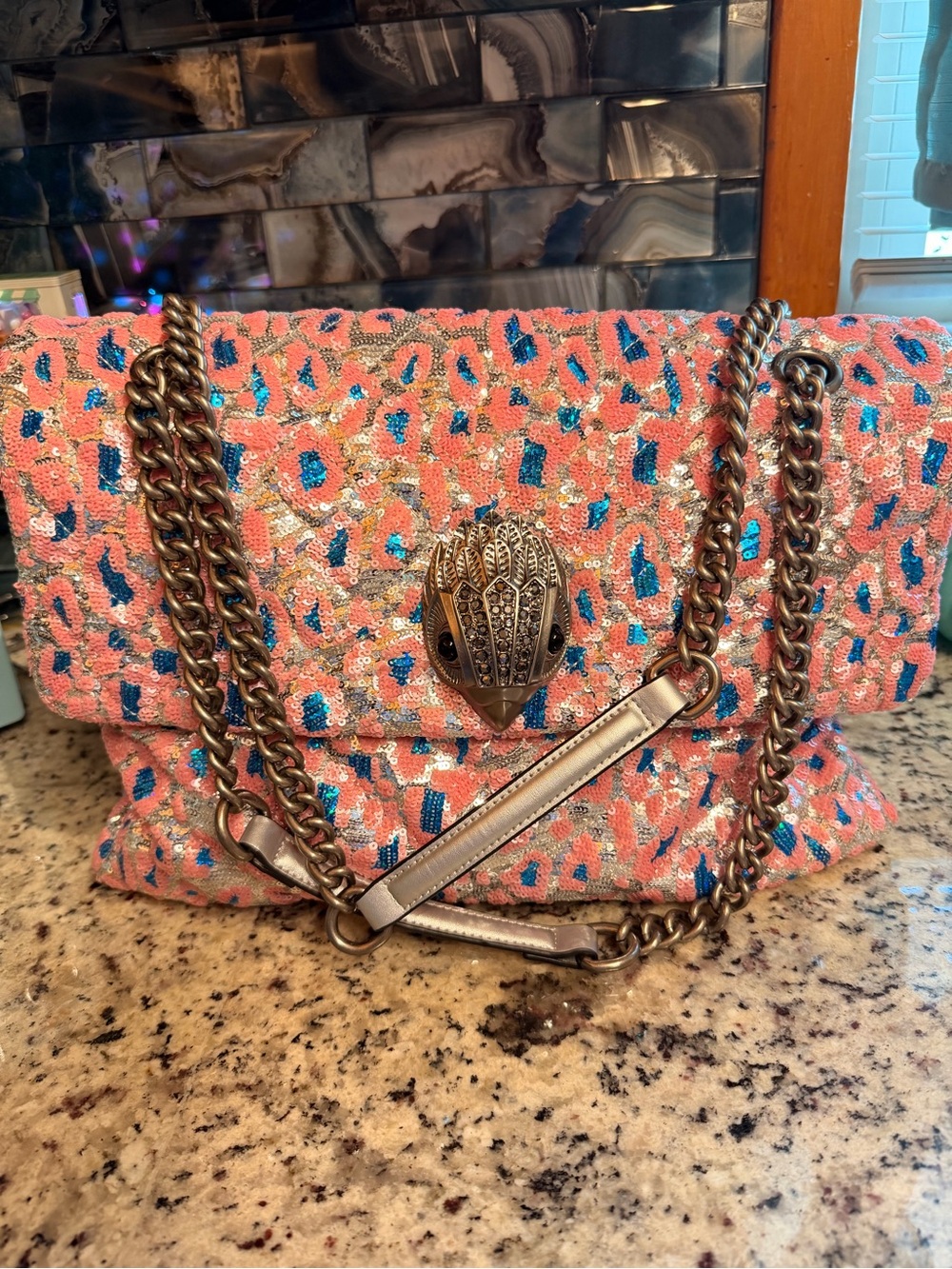 Kurt Geiger XXL Kensington  Pink and Turquoise Sequin Leopard Purse/Crossbody